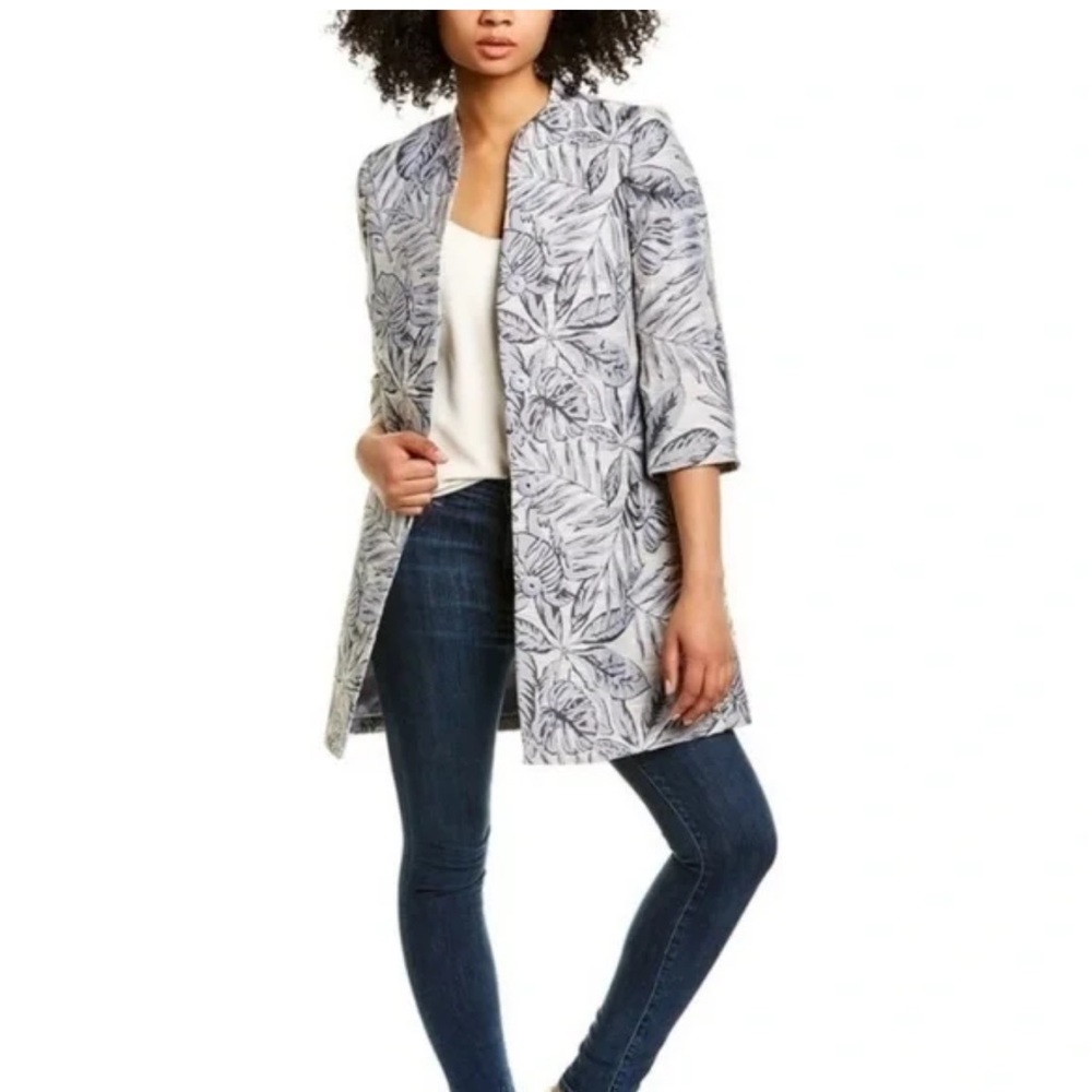 J. MCLAUGHLIN Brienne‎ Leaf Embroidered Long Coat New Size Medium Grey Blue